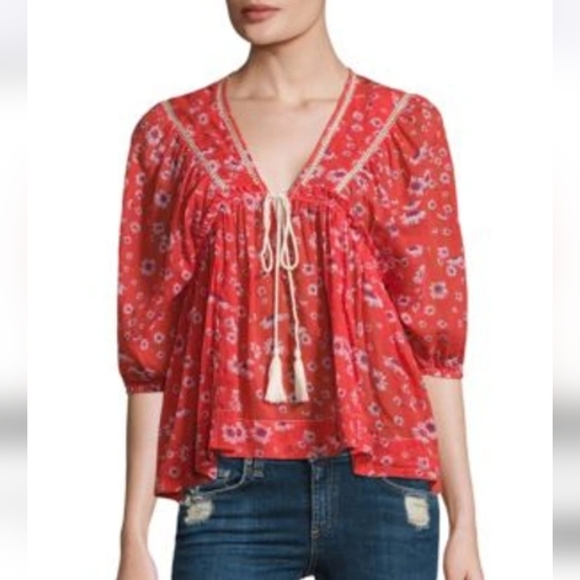 Free People Never A Dull Moment Blouse Red Floral Hi Low Hem Lace Cotton Sm NWT - Picture 12 of 16